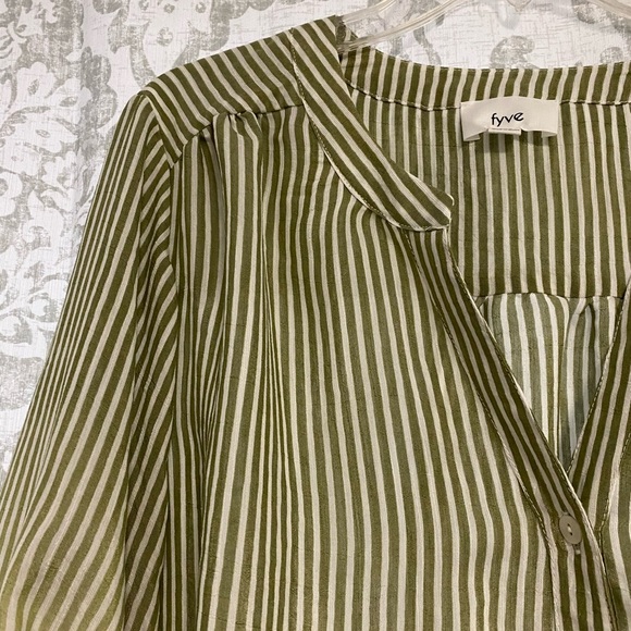 Fyve Button Up Lightweight Roll Tab Sleeve Striped Ombré Shirt Green White 2X - Picture 2 of 7